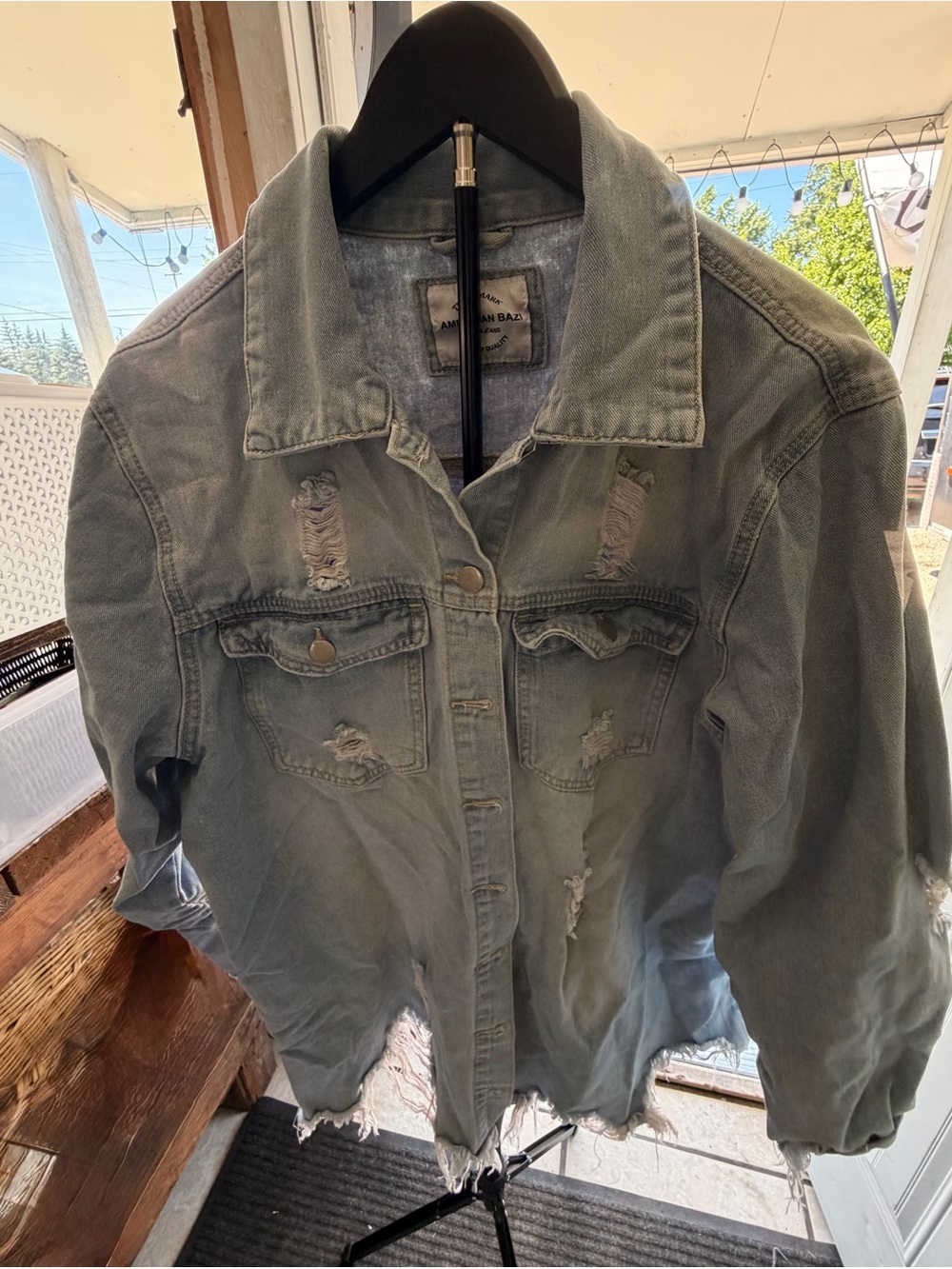 American Bazi Distressed Light Green Denim Jacket